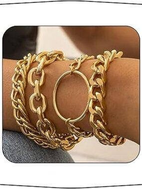 NEW Punk Cuban Link Chain Gold Bracelet set 4pcs Stacking Chunky Chain Bangles